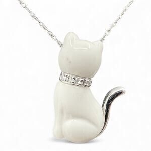 10k Gold White Agate Cat Pendant Diamond Collar 18 inch 14k White Gold Chain